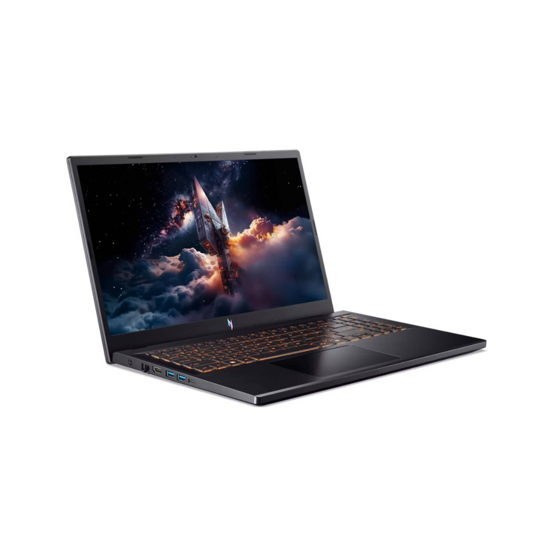 Laptop with a space-themed wallpaper on a white background