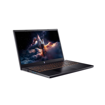 Laptop with a space-themed wallpaper on a white background