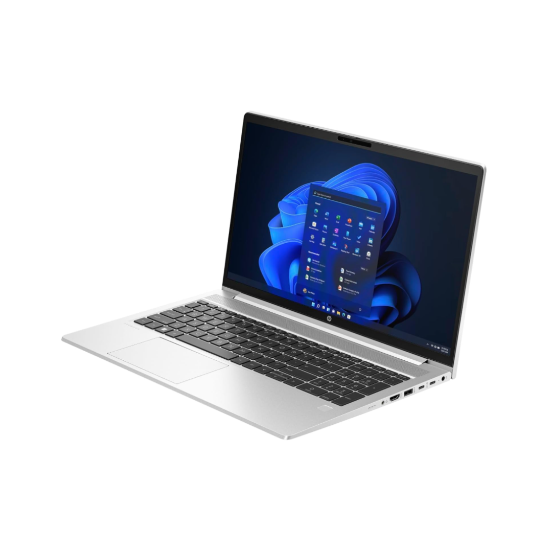 Open laptop with a blue abstract design on the screen against a white background