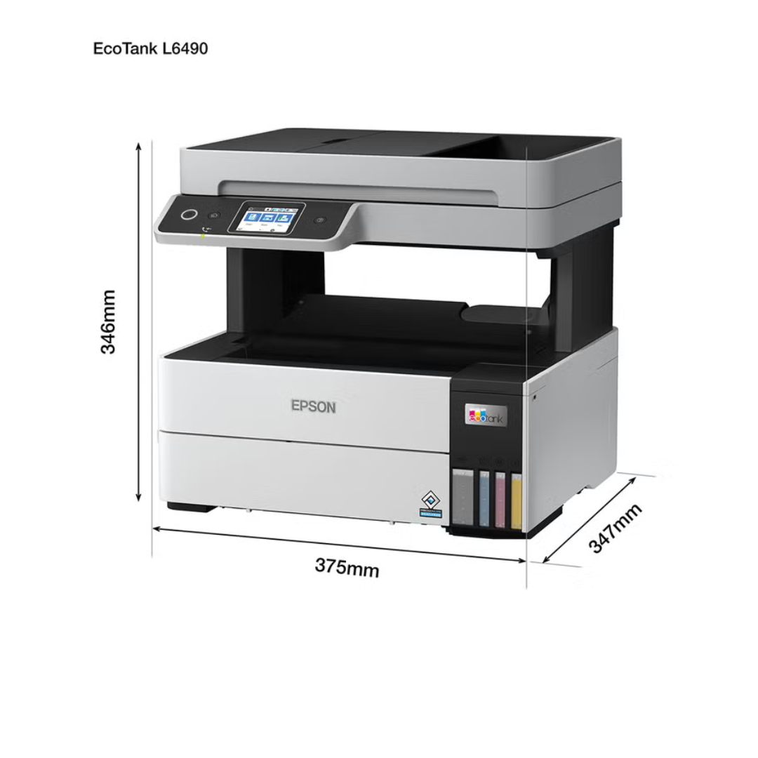 Epson EcoTank L6490 printer with dimensions labeled on a white background