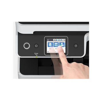 Touchscreen control panel with finger pressing a button on a white background