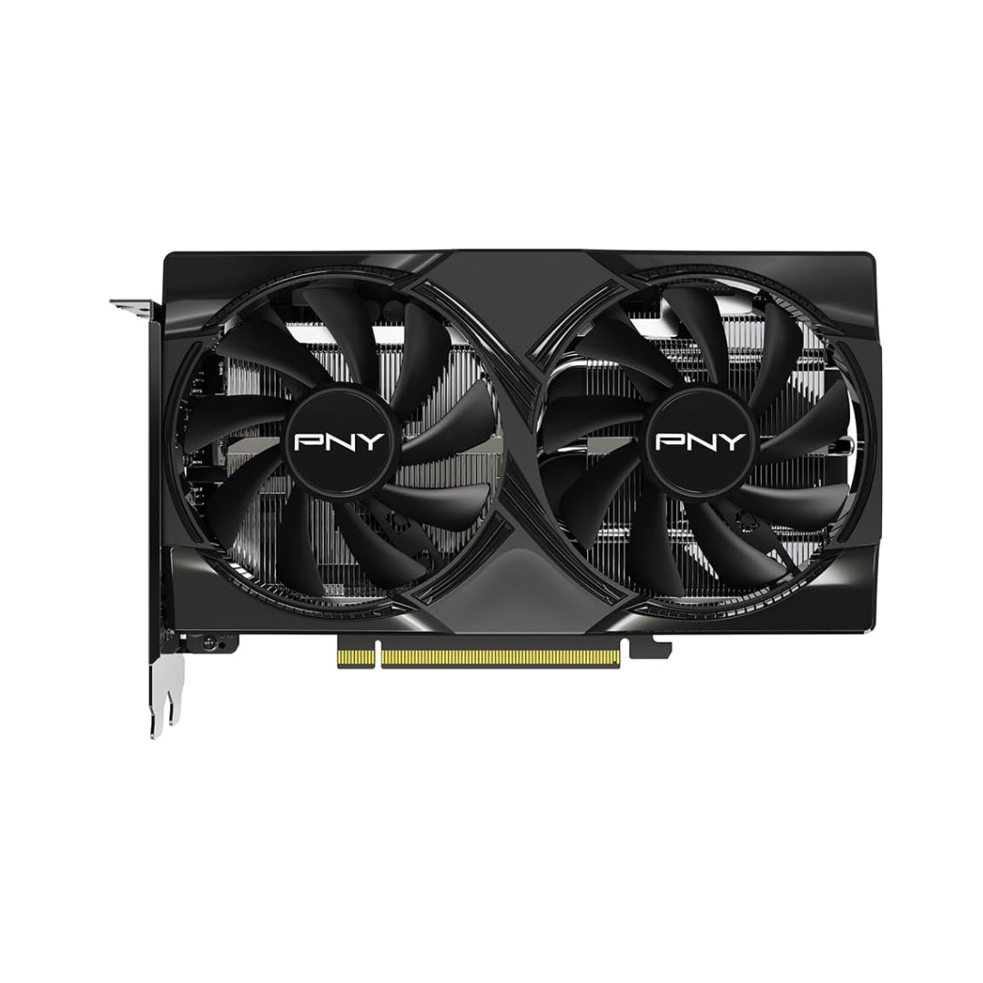 PNY graphics card with dual fans on a white background