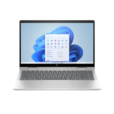 Laptop with a blue and gray abstract design on the screen