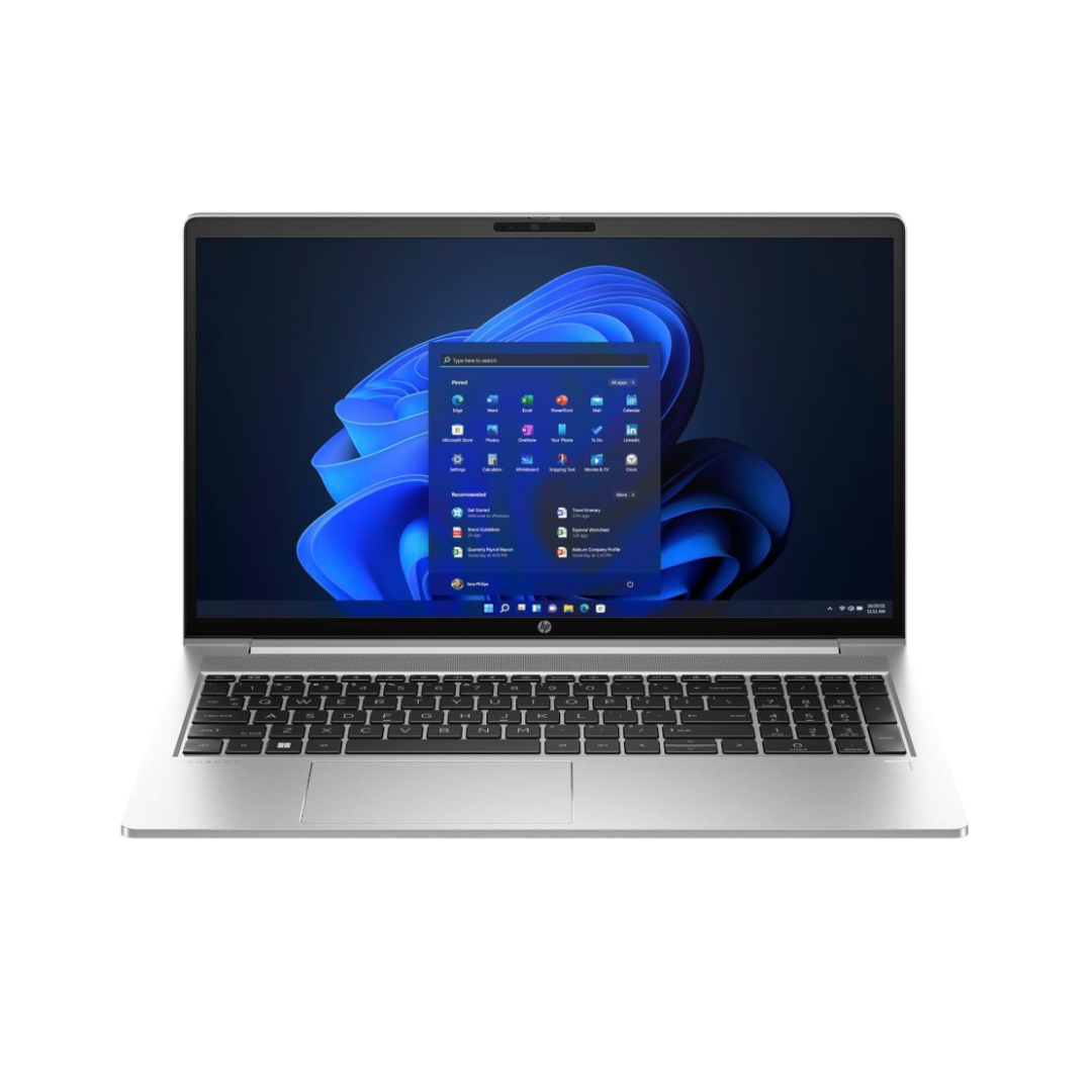 Laptop with a blue wallpaper on the screen against a white background