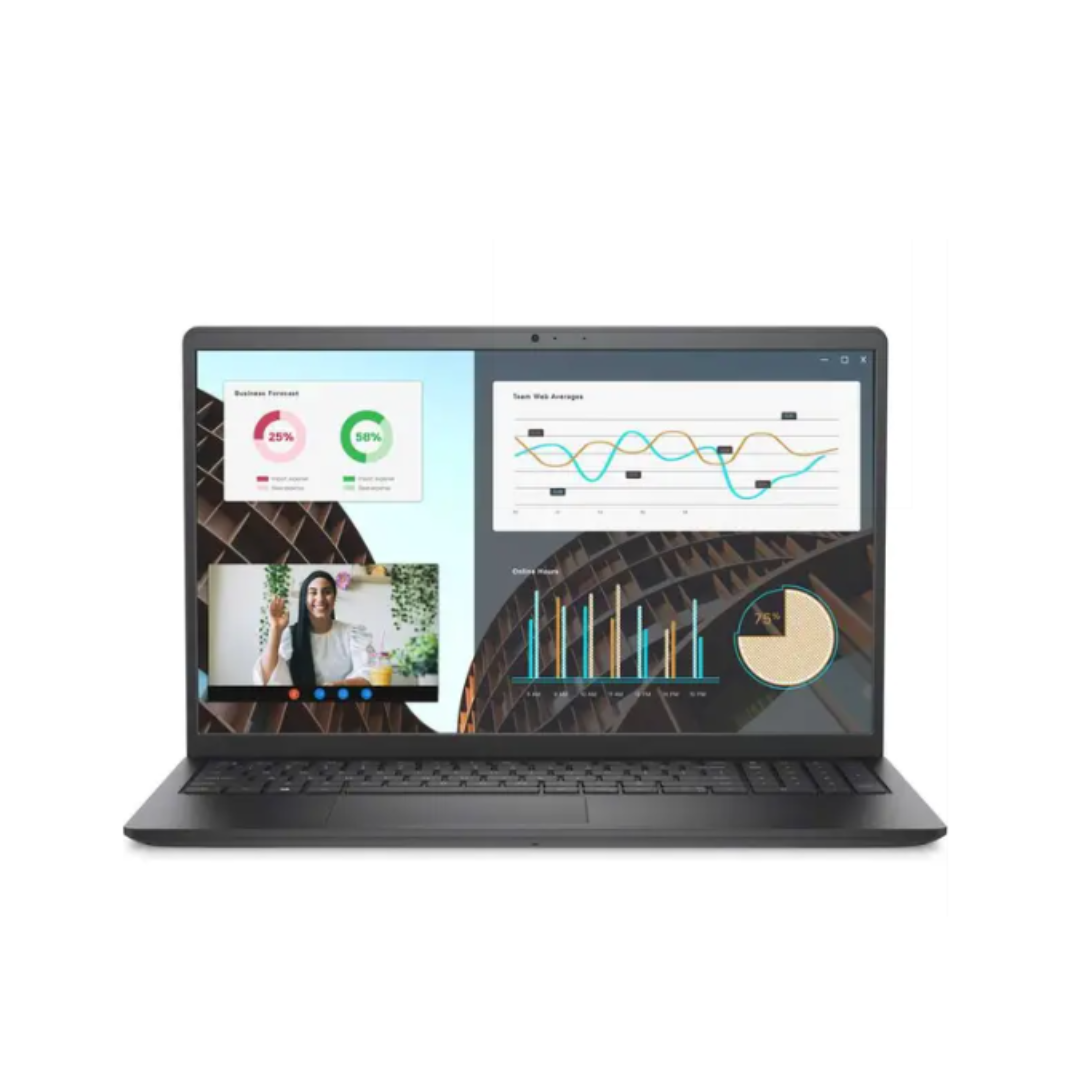 Laptop displaying multiple screens with graphs and a video call on a white background