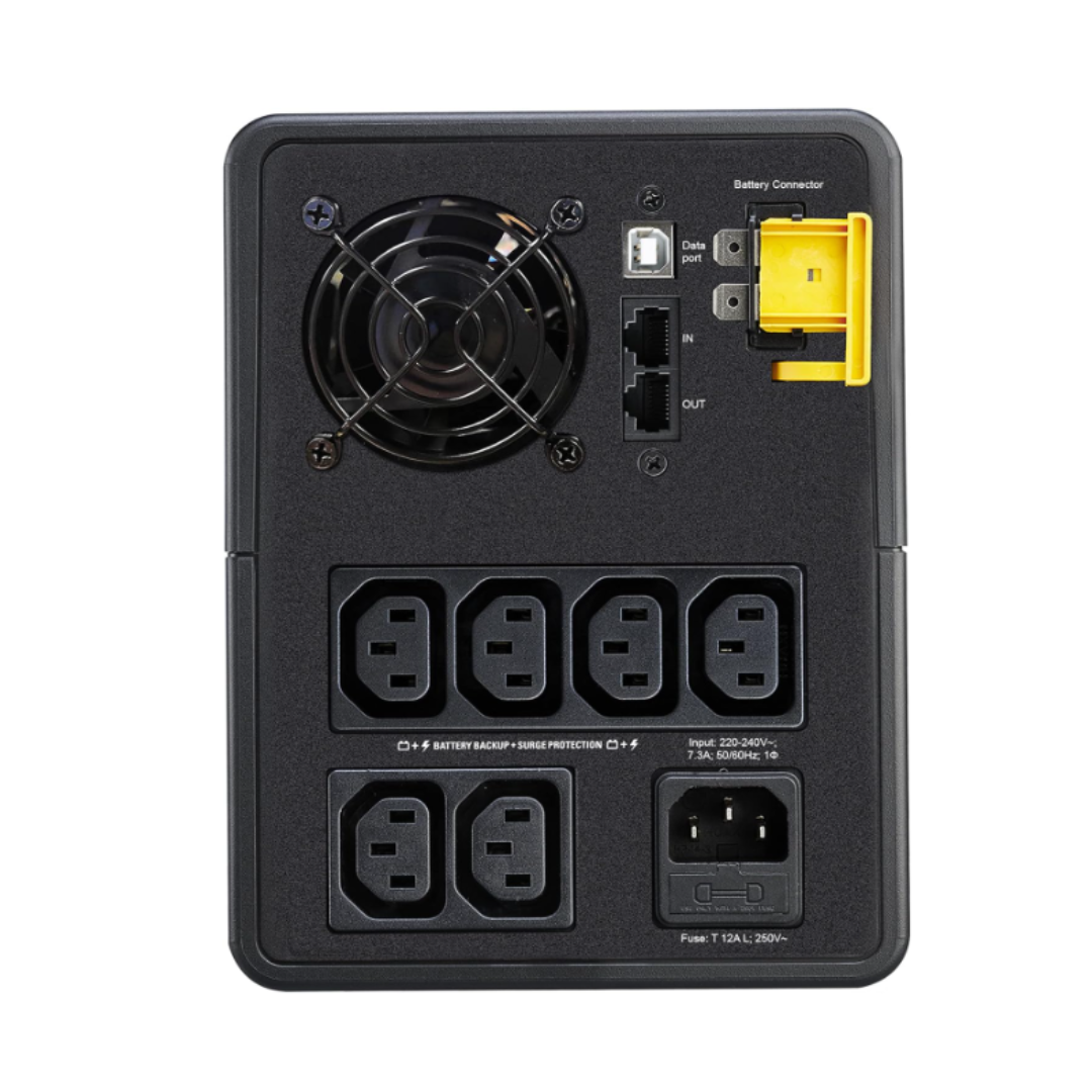 Back view of a power supply unit with multiple sockets and connectors on a white background