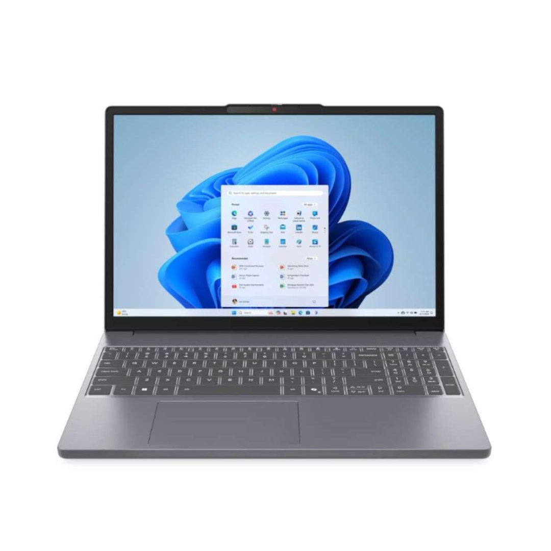 Laptop with a blue abstract design on the screen on a white background