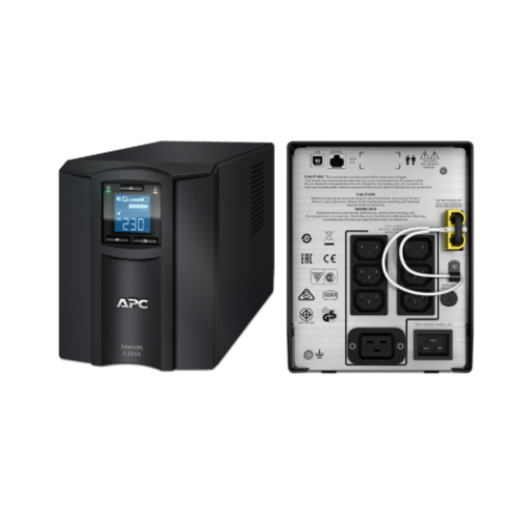 APC UPS system with front and back views on a white background