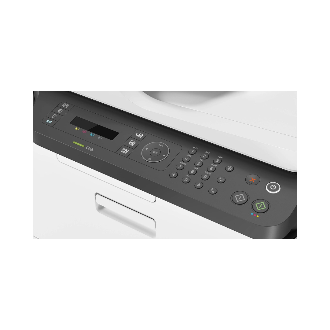 Control panel of a white printer on a white background