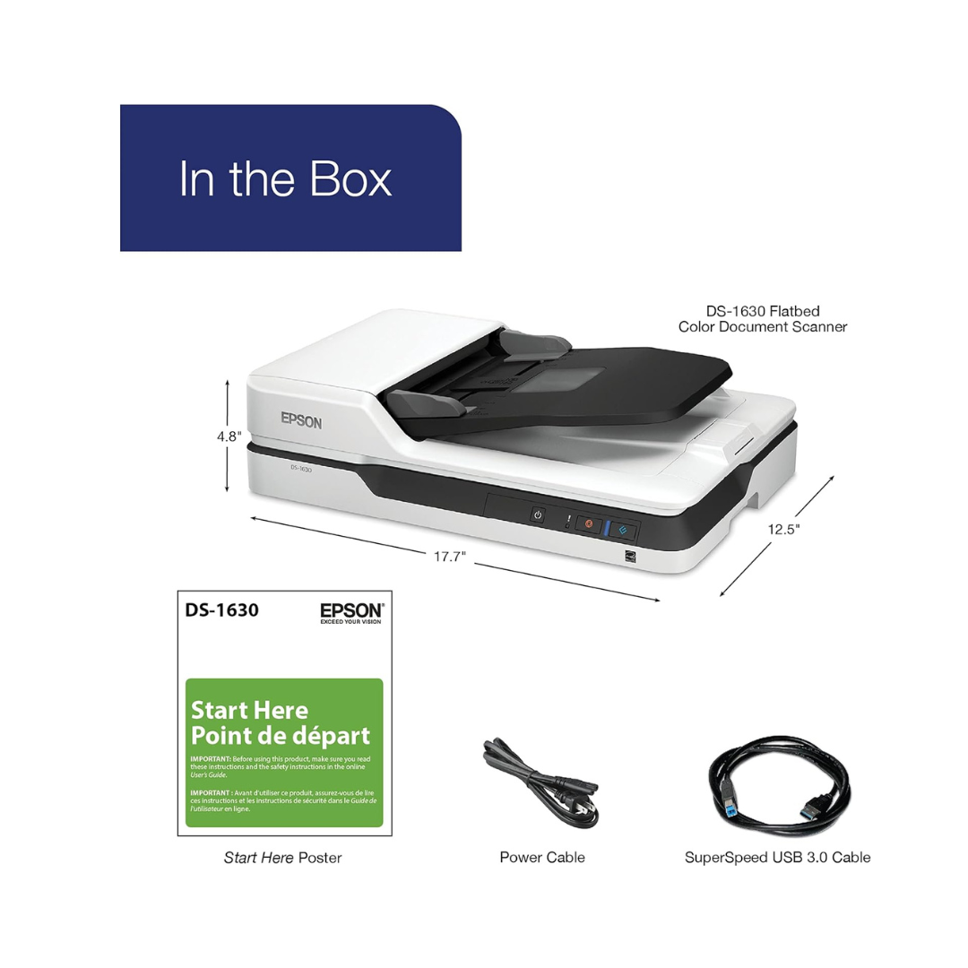Epson DS-1630 flatbed color document scanner with included items on a white background
