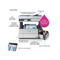 Epson printer with features highlighted on a white background
